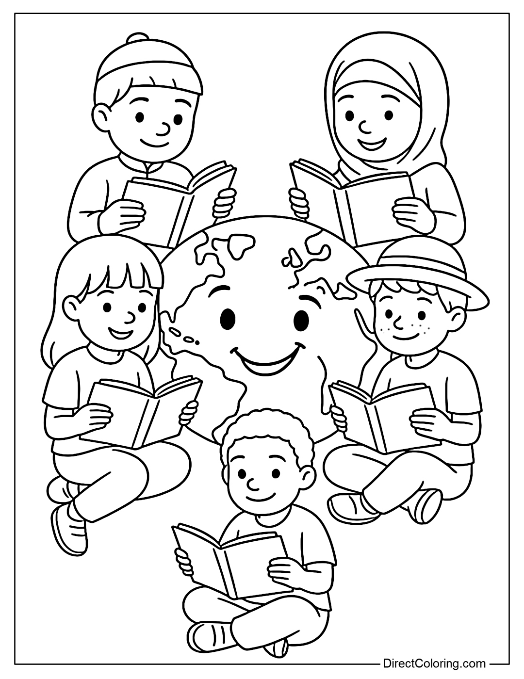 Coloring page of children from many countries sitting around the globe reading books.